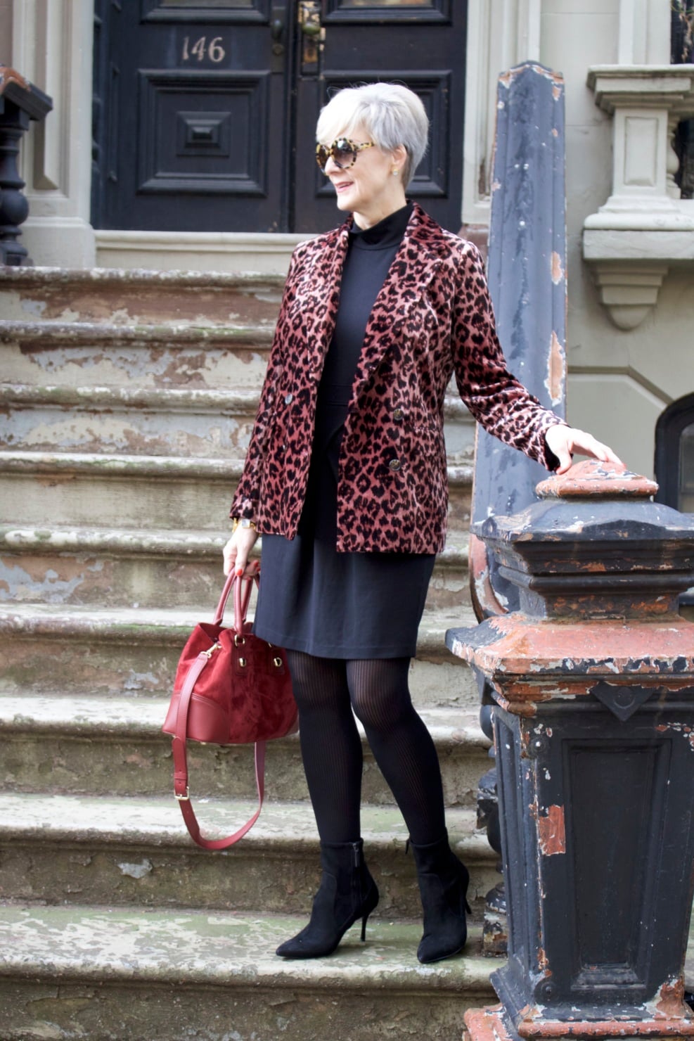 little black dress, leopard blazer, black booties