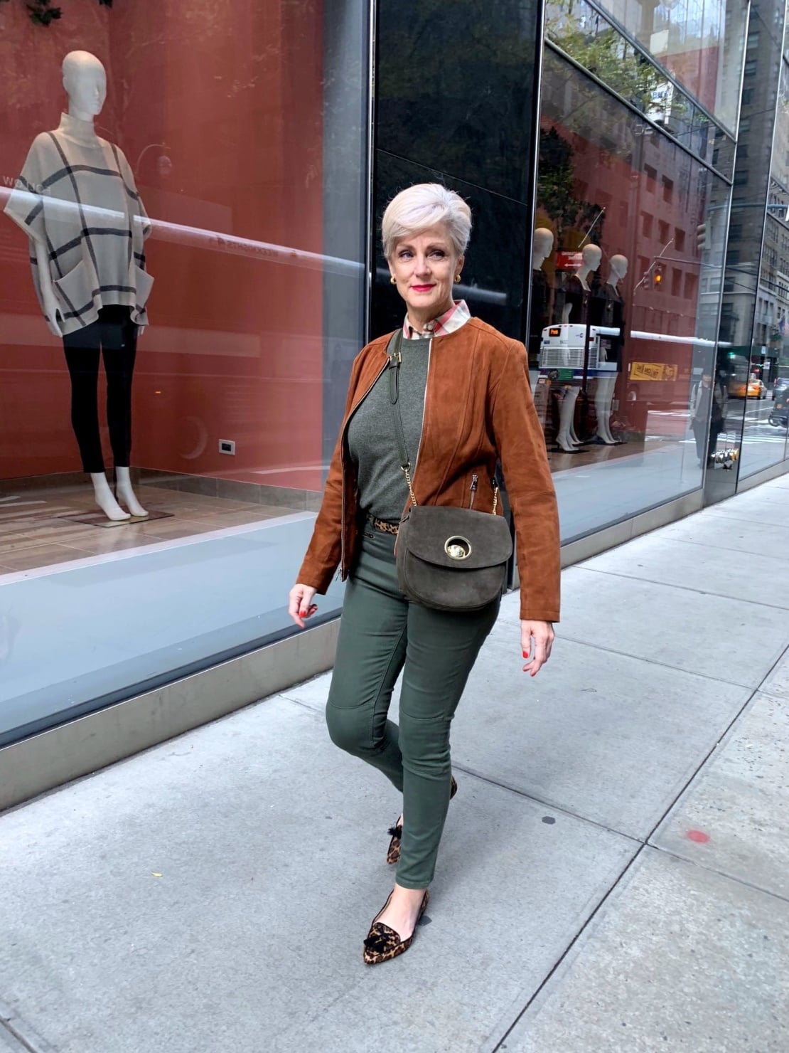 brown suede jacket, green cashmere sweater, leopard flats