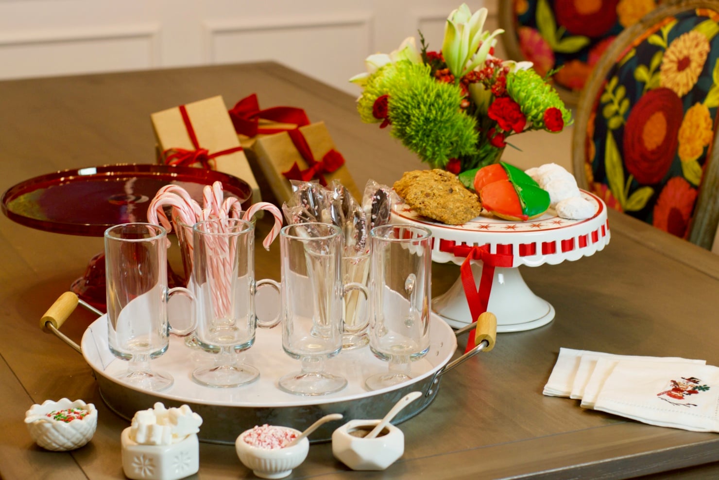 for a special treat warm your guests with a spread of hot chocolate and all of the toppings you think go well. place the different toppings in individual bowls.