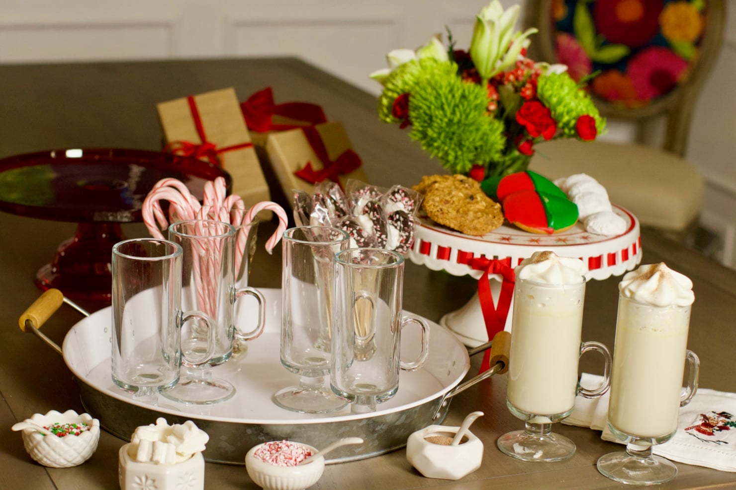 for a special treat warm your guests with a spread of hot chocolate and all of the toppings you think go well. place the different toppings in individual bowls.