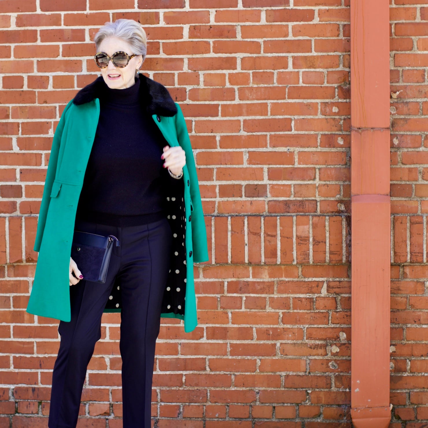 beth from Style at a Certain Age wears an Everlane cashmere turtleneck, Italian weave ankle pants, leopard pumps, and Talbots green overcoat