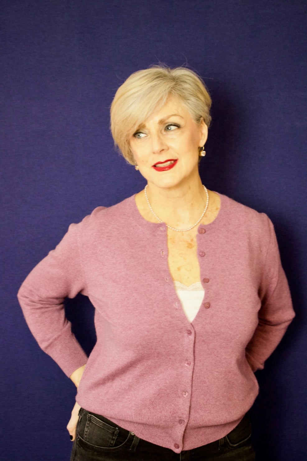 beth from Style at a Certain Age wears a cashmere cardigan from Marks & Spencer