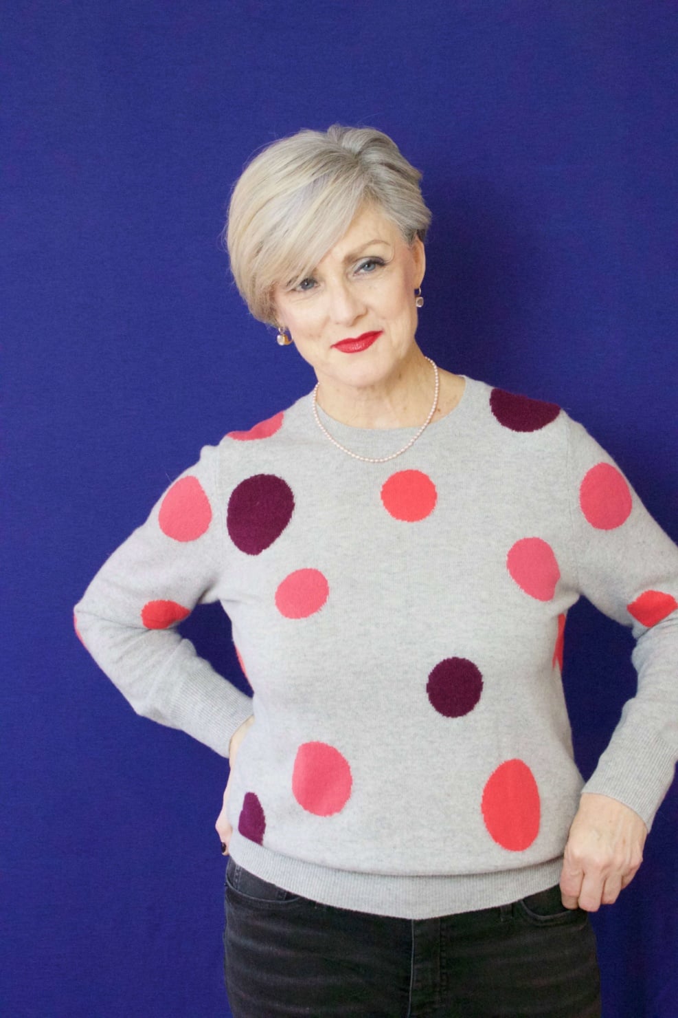 beth from Style at a Certain Age wears a polka dot cashmere sweater from Marks & Spencer