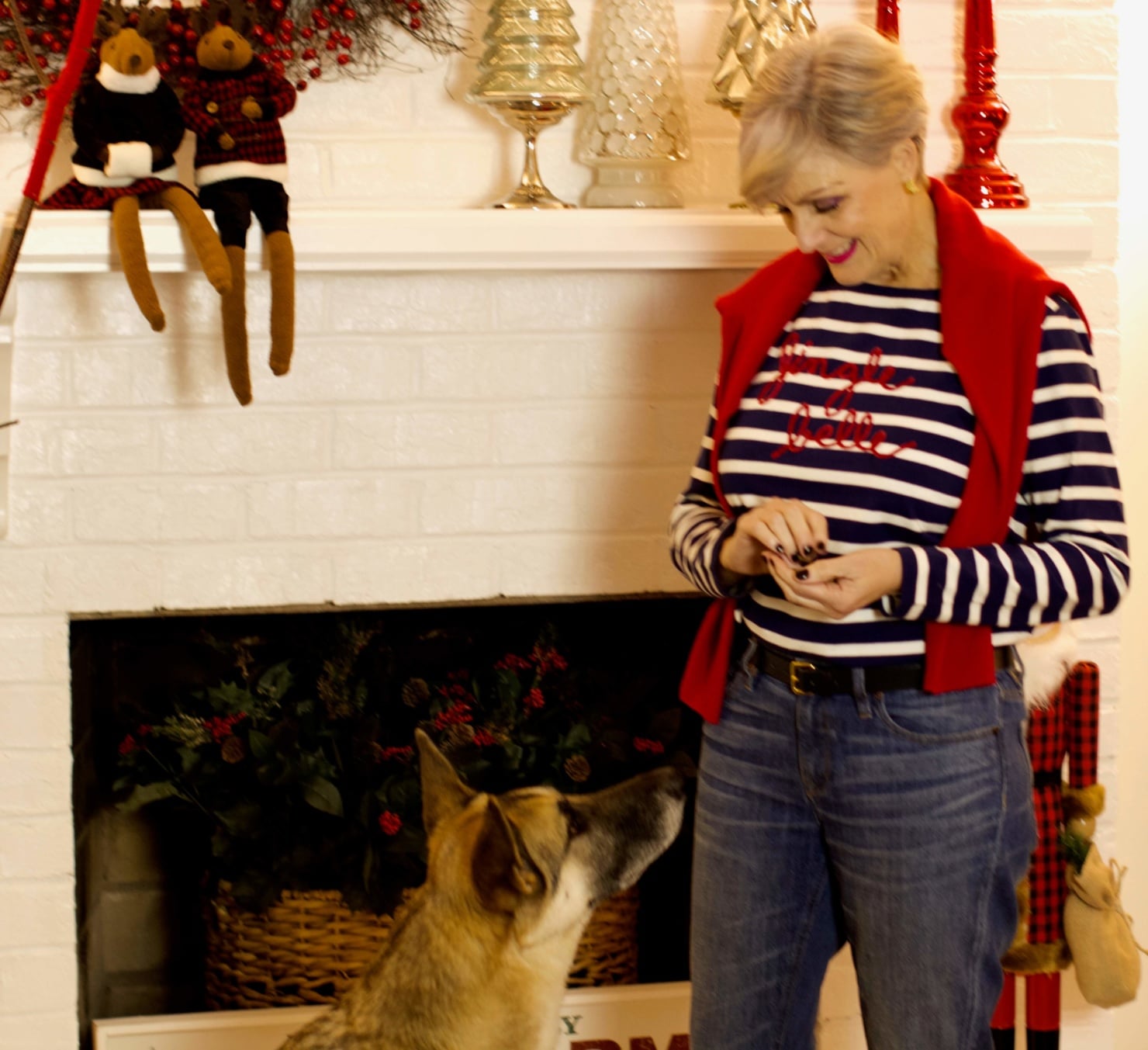 beth from Style at a Certain Age wears a Talbots jingle belle striped tee, J.Crew jeans, and embroidered smoking slippers