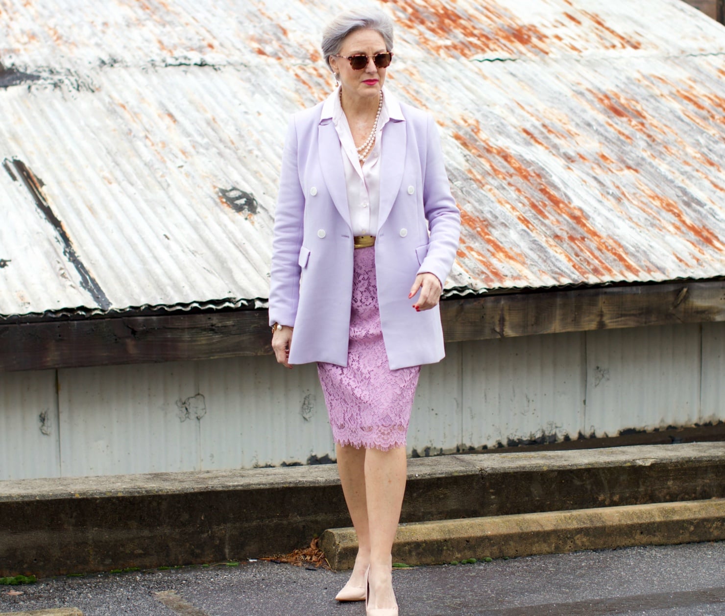 beth of Style at a Certain Age wears a double breasted blazer, lace skirt, charmeuse blouse and nude pumps for New Year's Eve