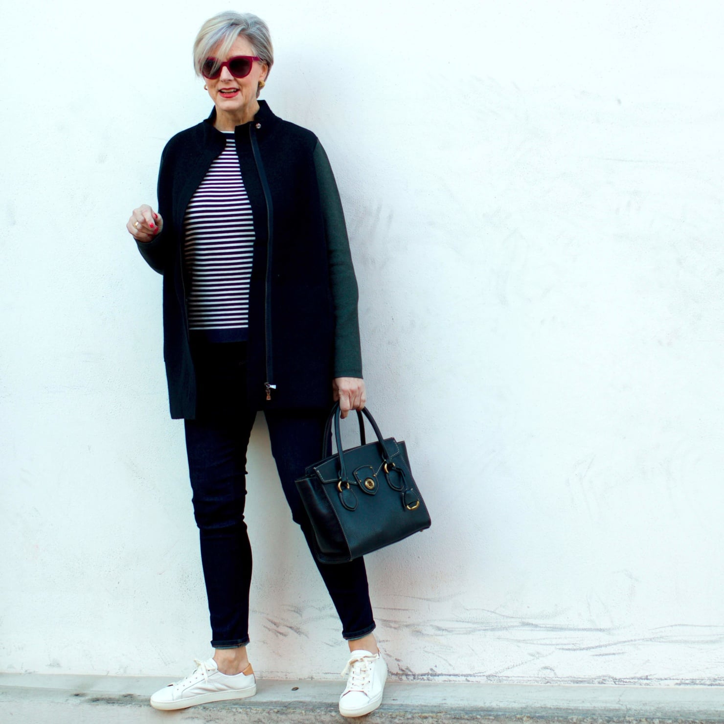 beth from Style at a Certain Age wears an Ann Taylor blue tweed jacket, faux denim sailor pants, v neck button sleeve blouse, silk ribbon chain scarf, and pointy toe booties