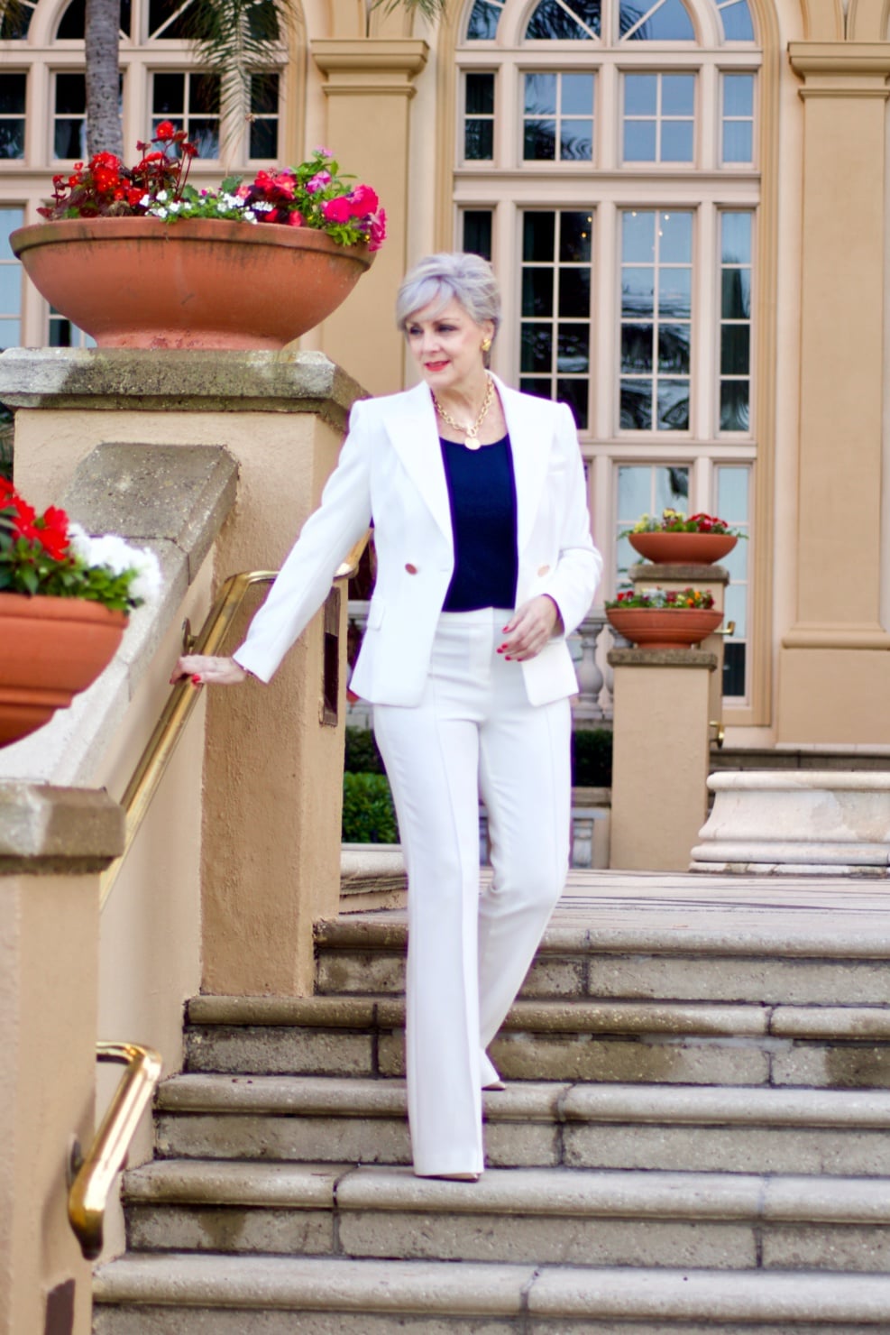 beth from Style at a Certain Age wears a Kobi Halperin ivory structured blazer, ivory trouser pant from Halsbrook
