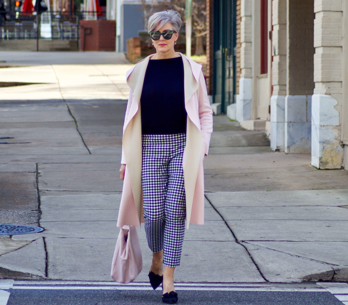 beth from Style at a Certain Age transitions to Spring wearing J.Crew gingham pants, Michael Stars blouson knit top, Misook knit topper and navy suede pumps