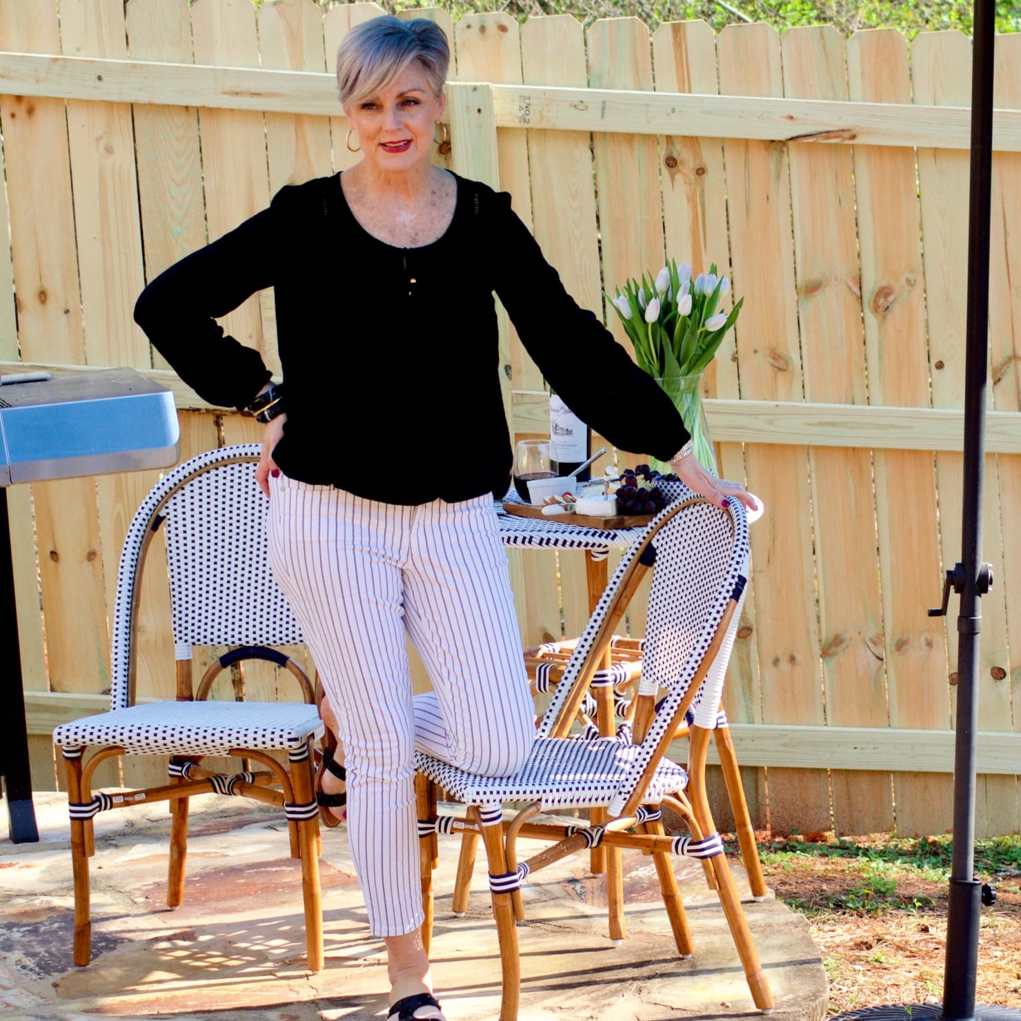beth from Style at a Certain Age wears clothes from Walmart.com, Sofia peasant blouse and striped jeans