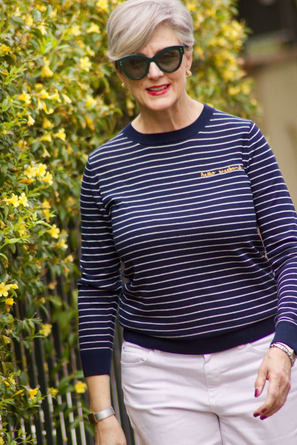 beth from Style at a Certain Age wears a stripe sweater