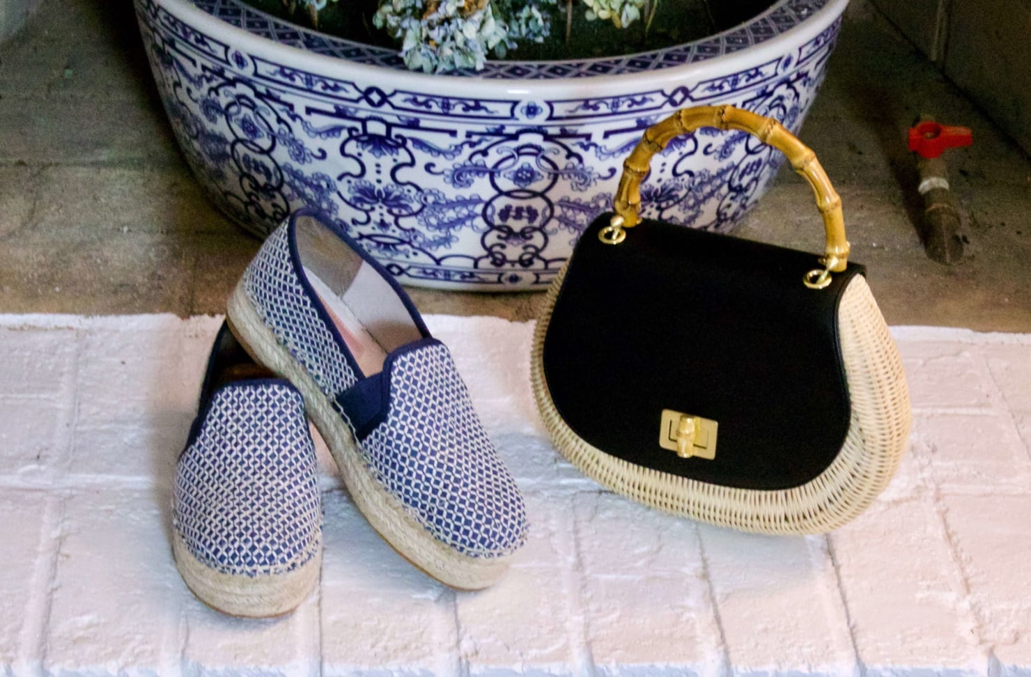 espadrilles and wicker handbag
