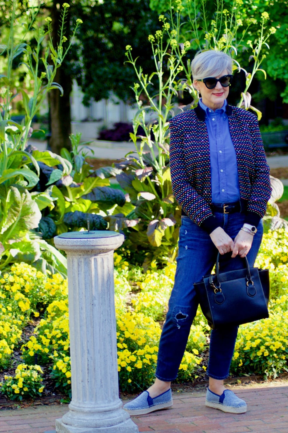 beth from Style at a Certain Age wears high low St. John sweater, J.Crew blue jeans, Ralph Lauren button down, Sam Edelman espadrilles