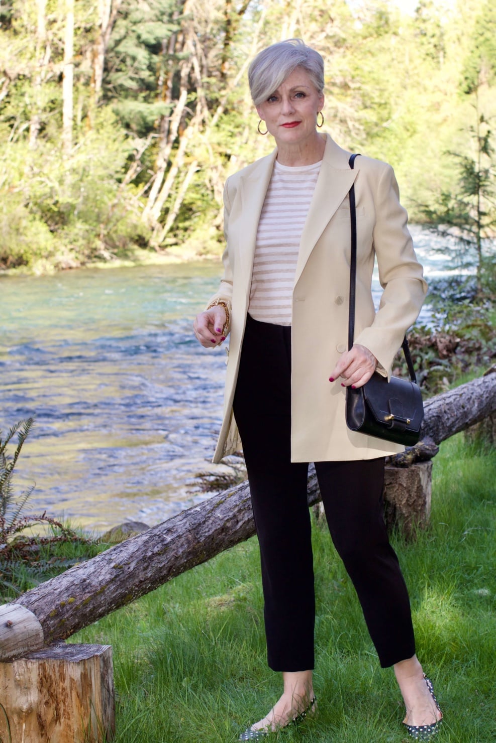 beth from Style at a Certain Age what i wore to the rehearsal dinner Theory blazer, Theory black pants, Vince striped tee, polka dot slingbacks
