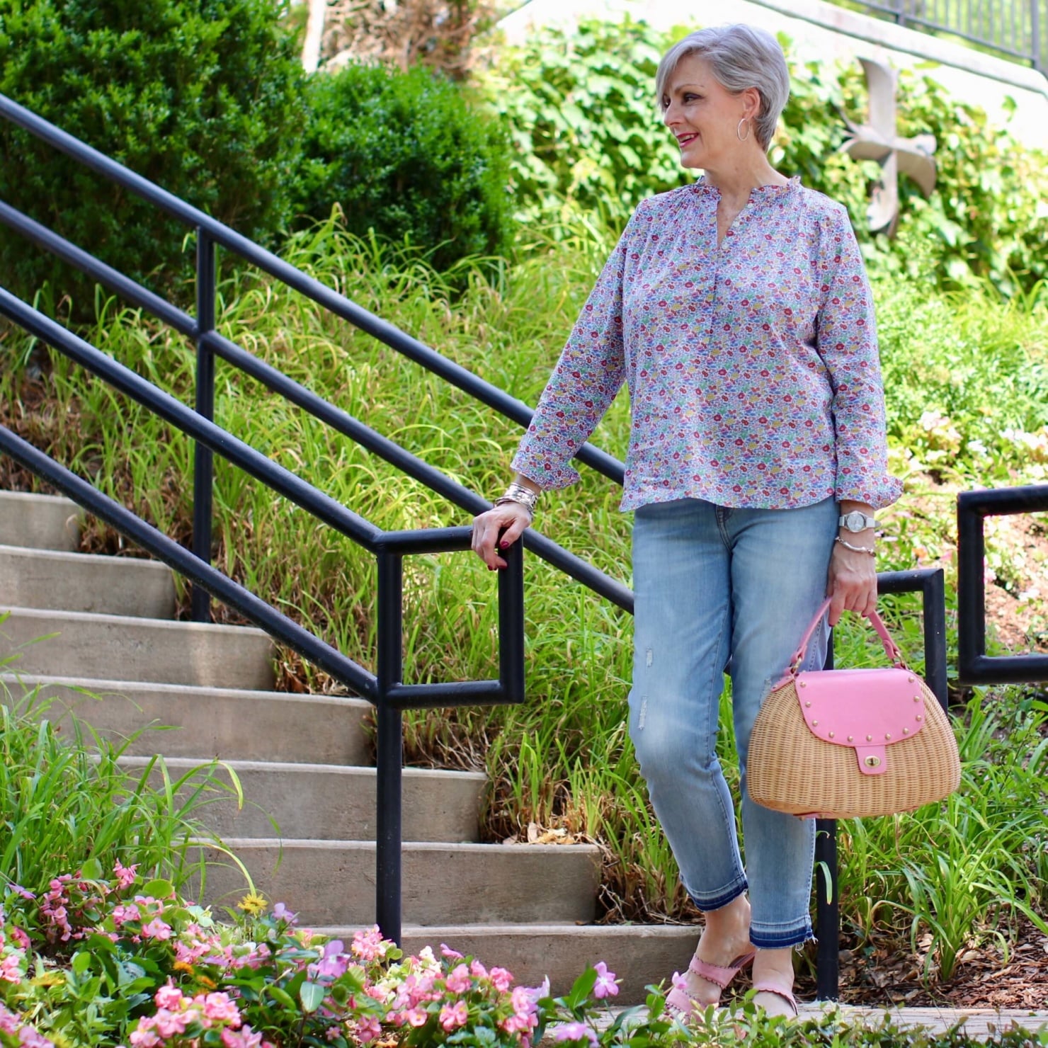 how to wear a j. crew liberty print with distressed jeans