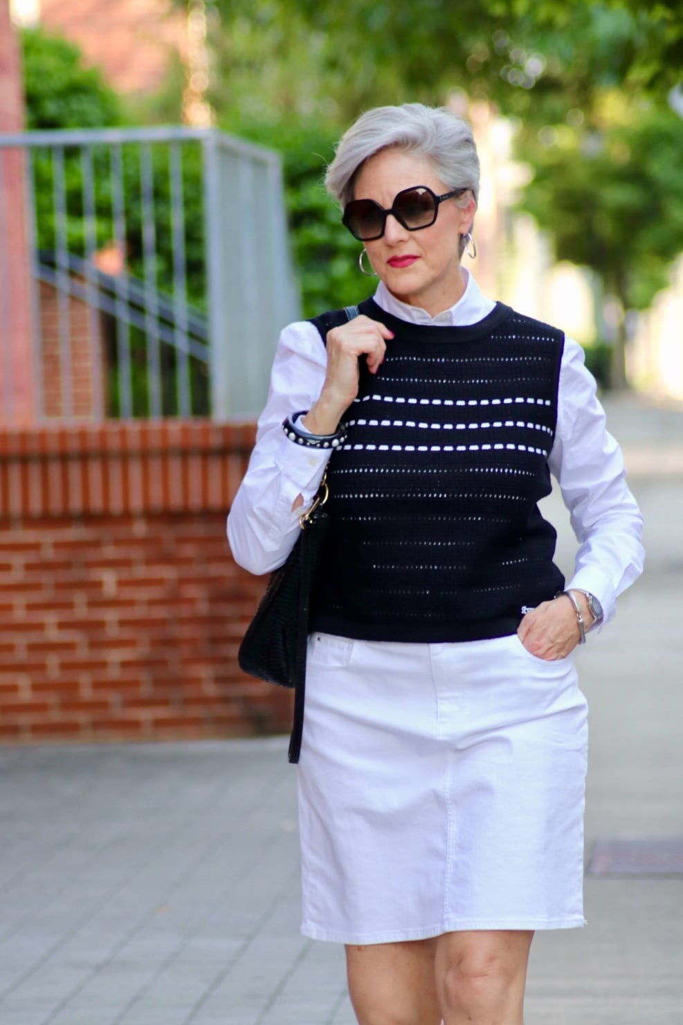 white denim skirt, white poplin shirt and slingback shoes