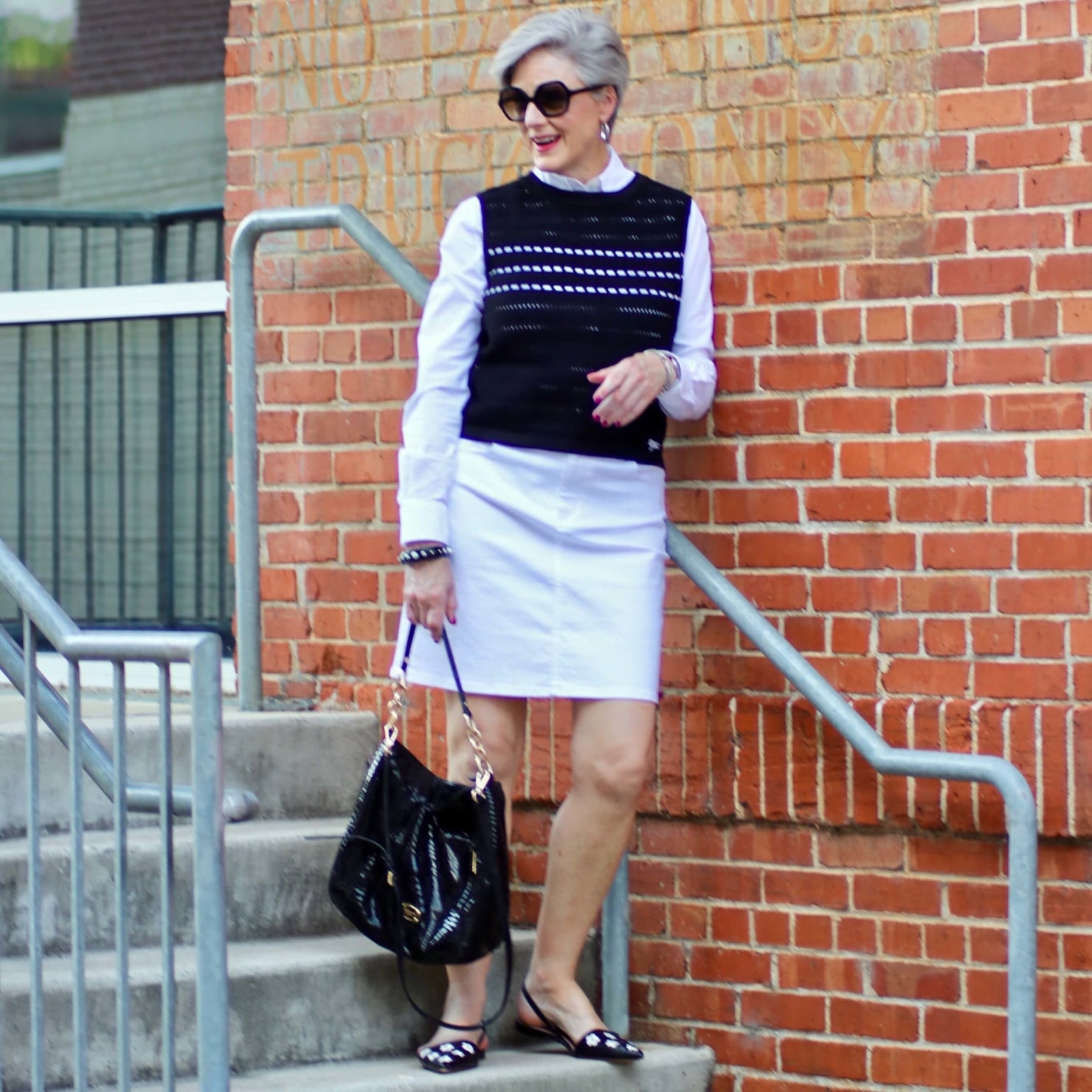 white denim skirt, white poplin shirt and slingback shoes