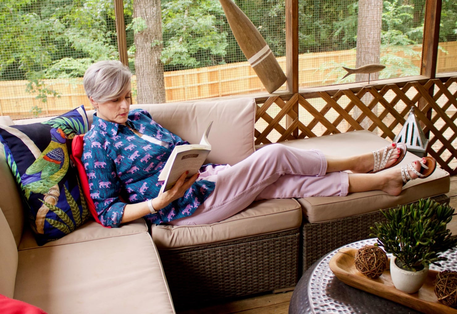 silk twill jungle print shirt, pale orchid chinos, white tee