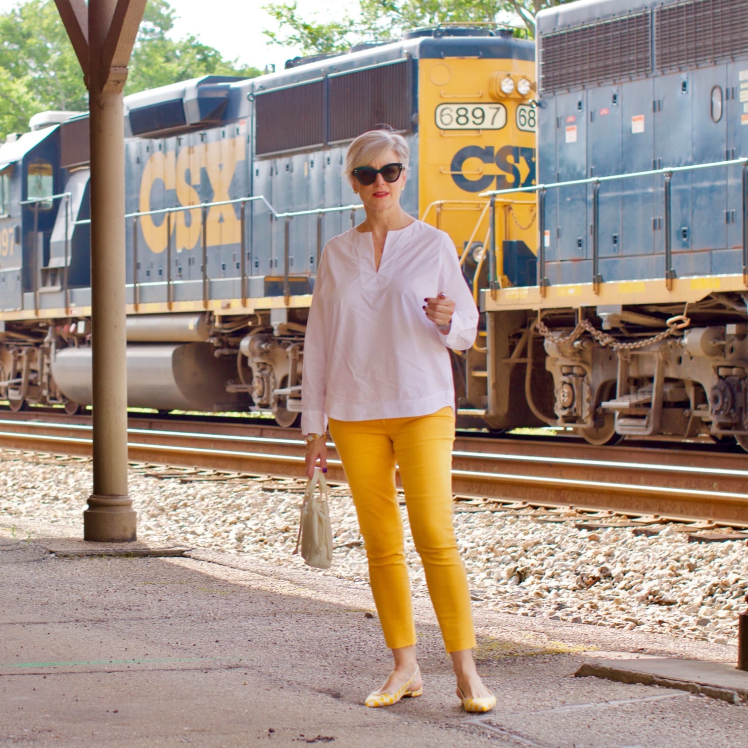 yellow denim, white cotton popover, gingham slingbacks