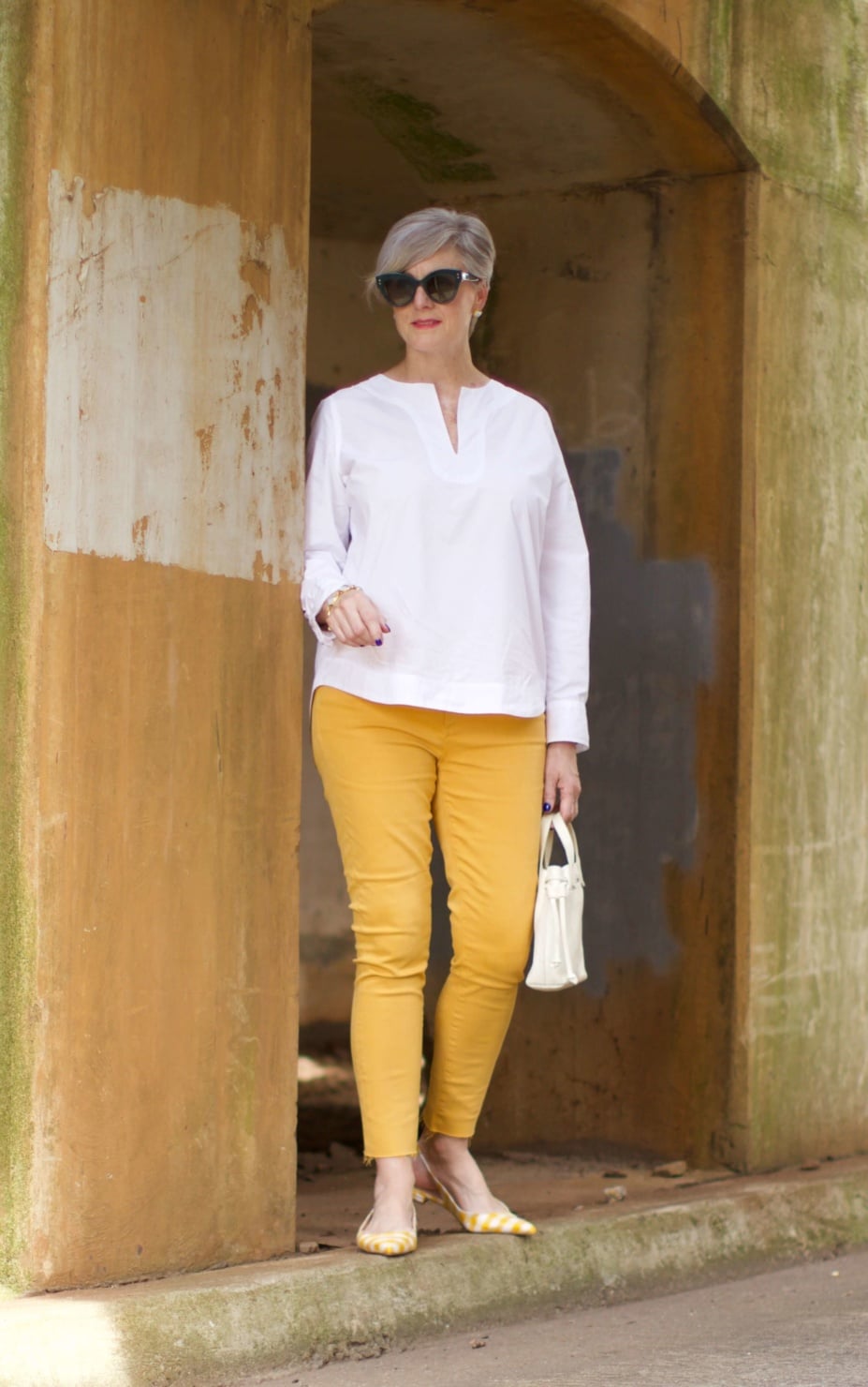 yellow denim, white cotton popover, gingham slingbacks