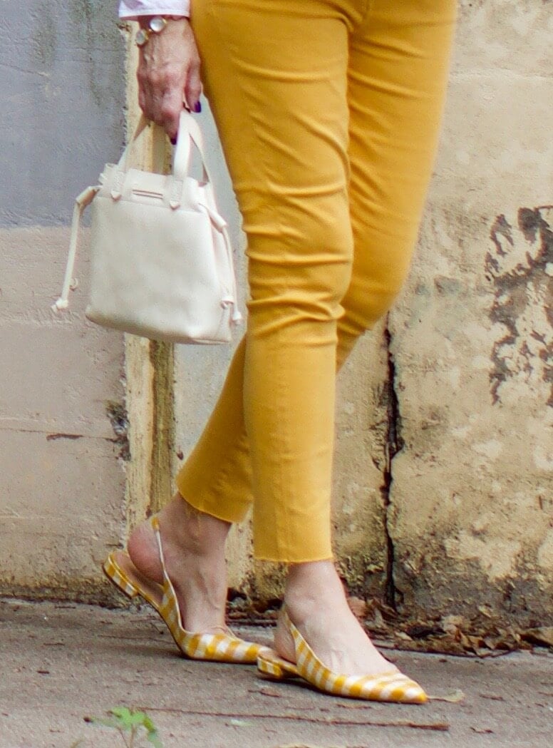 yellow denim, white cotton popover, gingham slingbacks