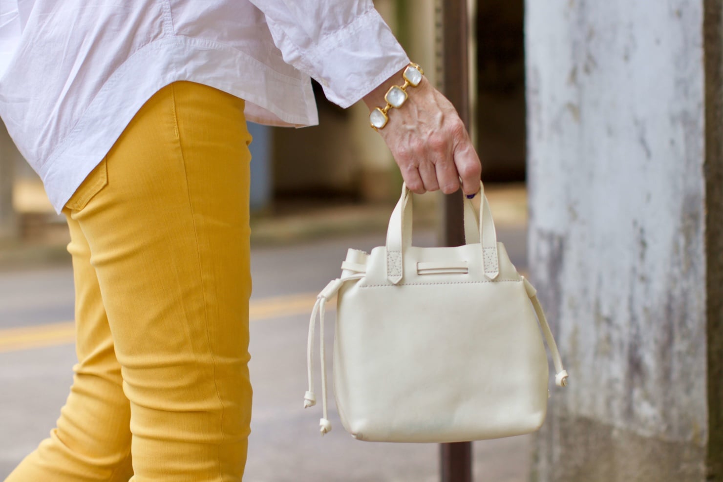 yellow denim, white cotton popover, gingham slingbacks