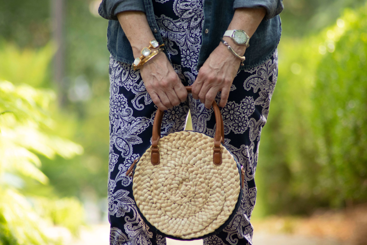 paisley pants, white tee, denim shirt, and ballet flats