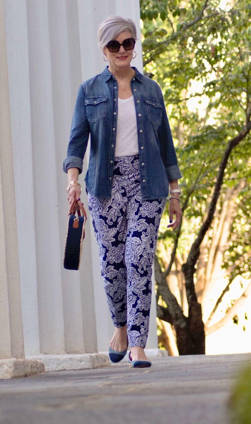 paisley pants, white tee, denim shirt, and ballet flats