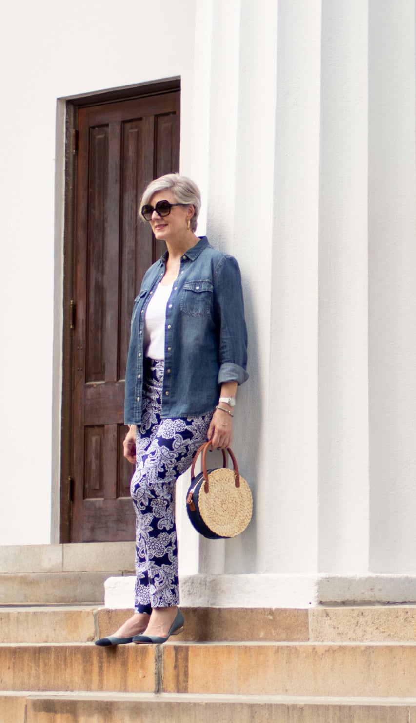 paisley pants, white tee, denim shirt, and ballet flats