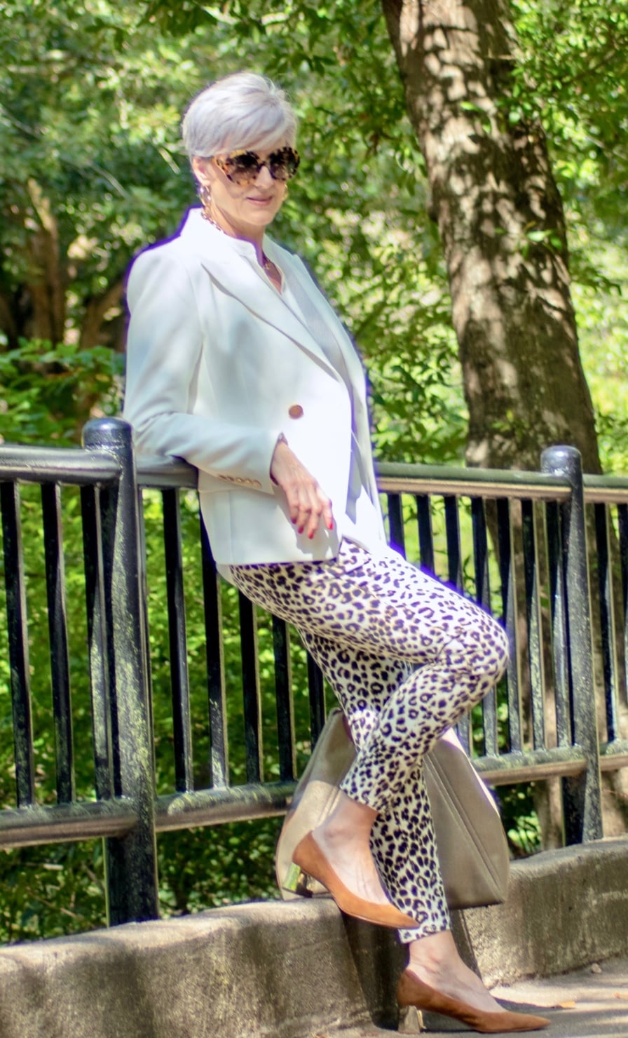 leopard jeans, silk blouse, white blazer