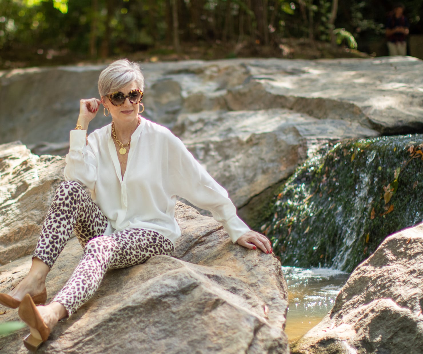 leopard jeans, silk blouse, white blazer