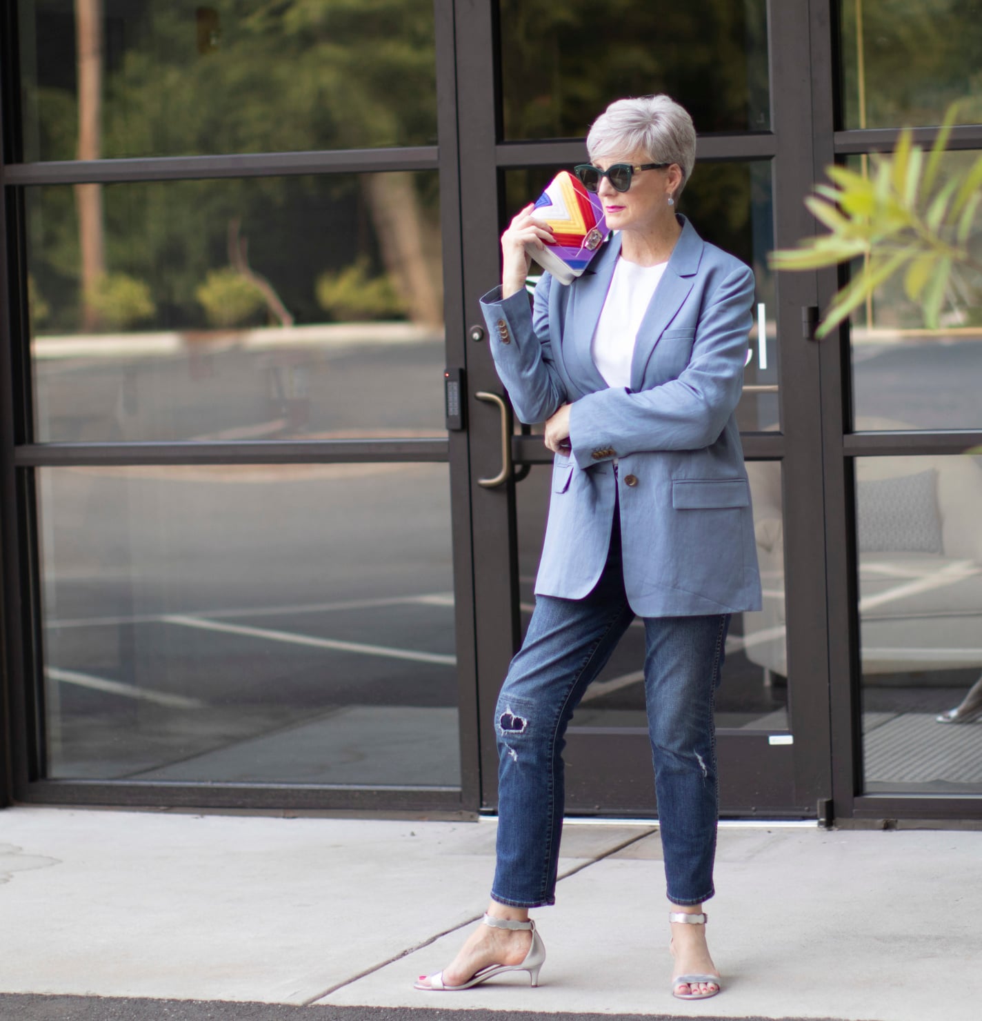 blue linen blazer, white tee, and blue jeans