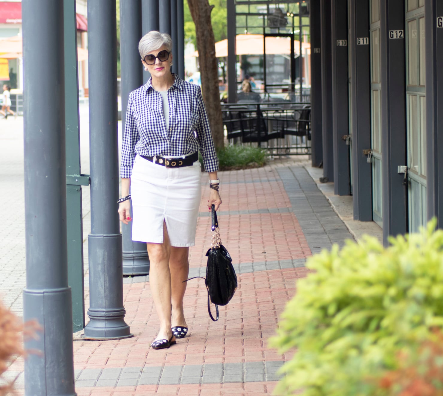 white denim skirt & gingham shirt