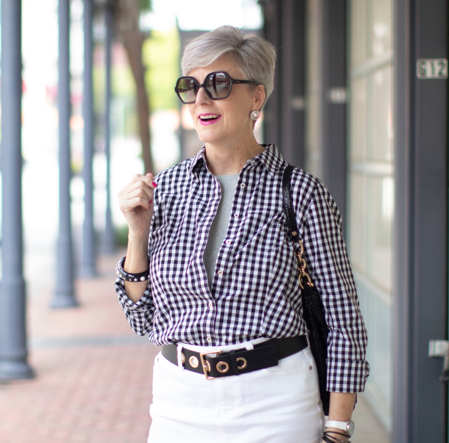 white denim skirt & gingham shirt