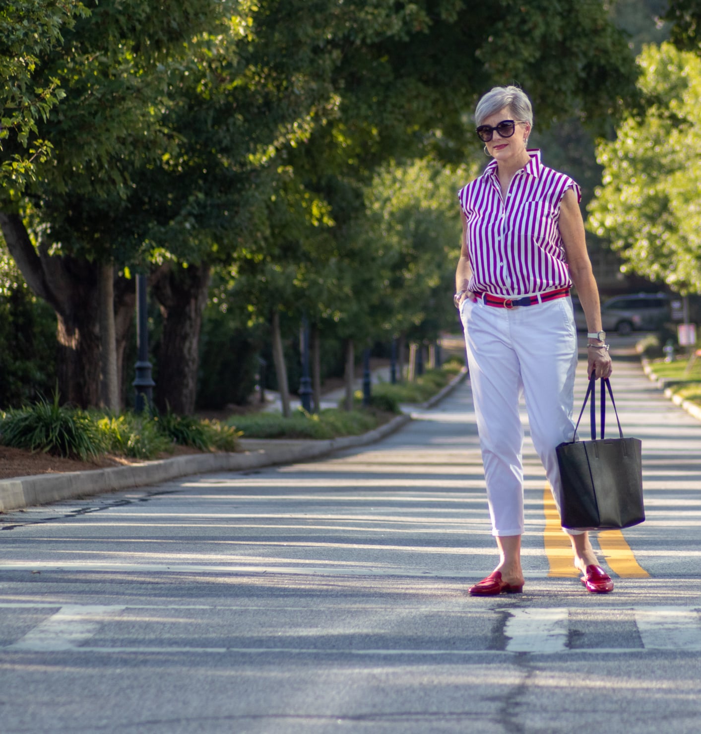 striped top and white chinos