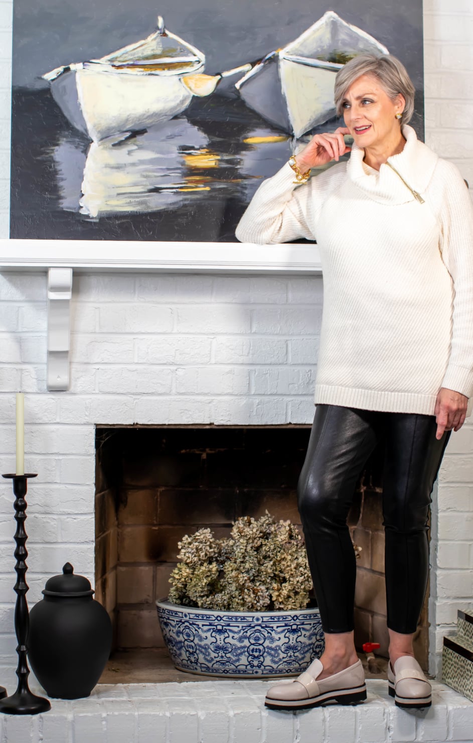 faux leather leggings and chunky sweater