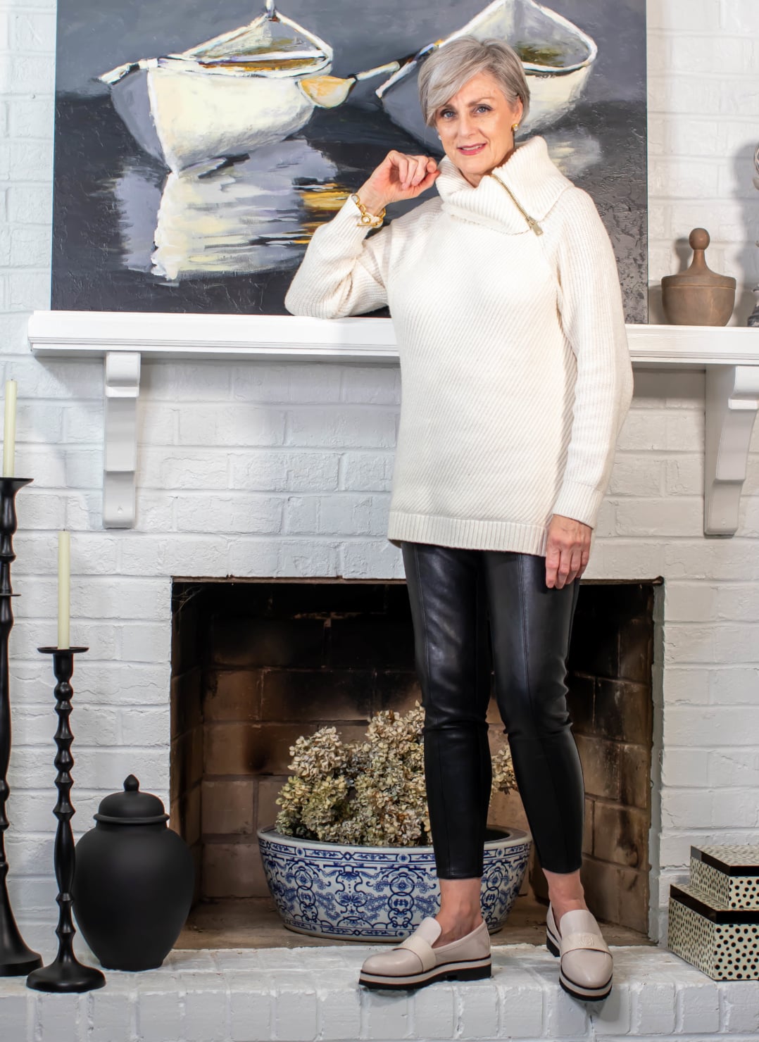 faux leather leggings and chunky sweater