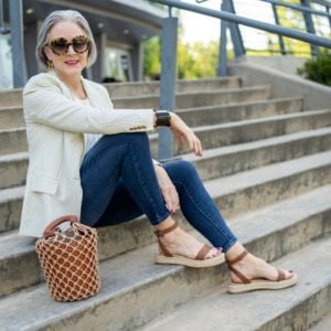 a classic pinstripe blazer and skinny jeans