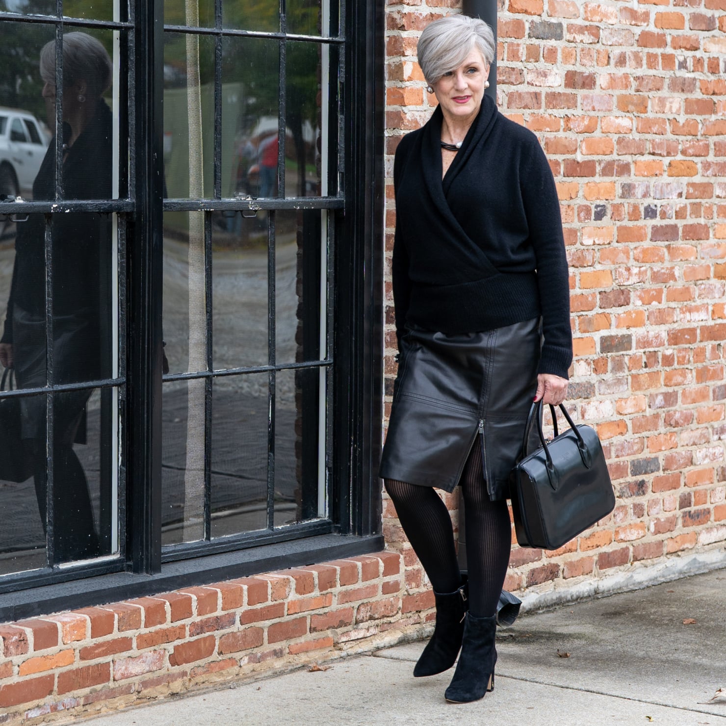 cashmere sweater, leather skirt and leopard scarf