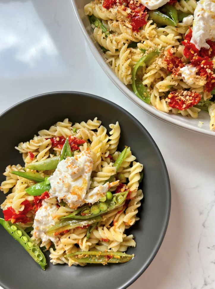 pasta sugar snap peas burrata