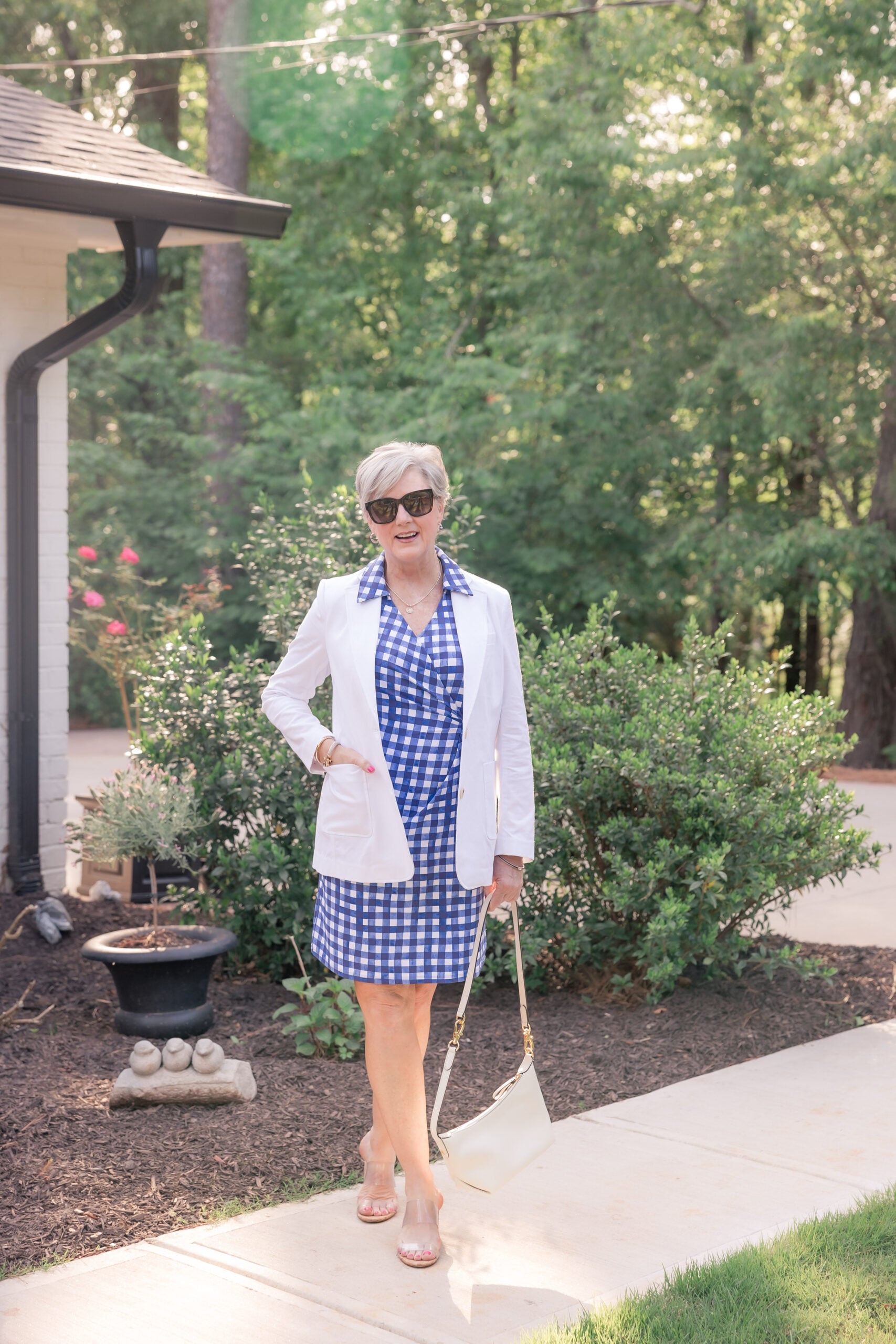 white blazer and dress outfit