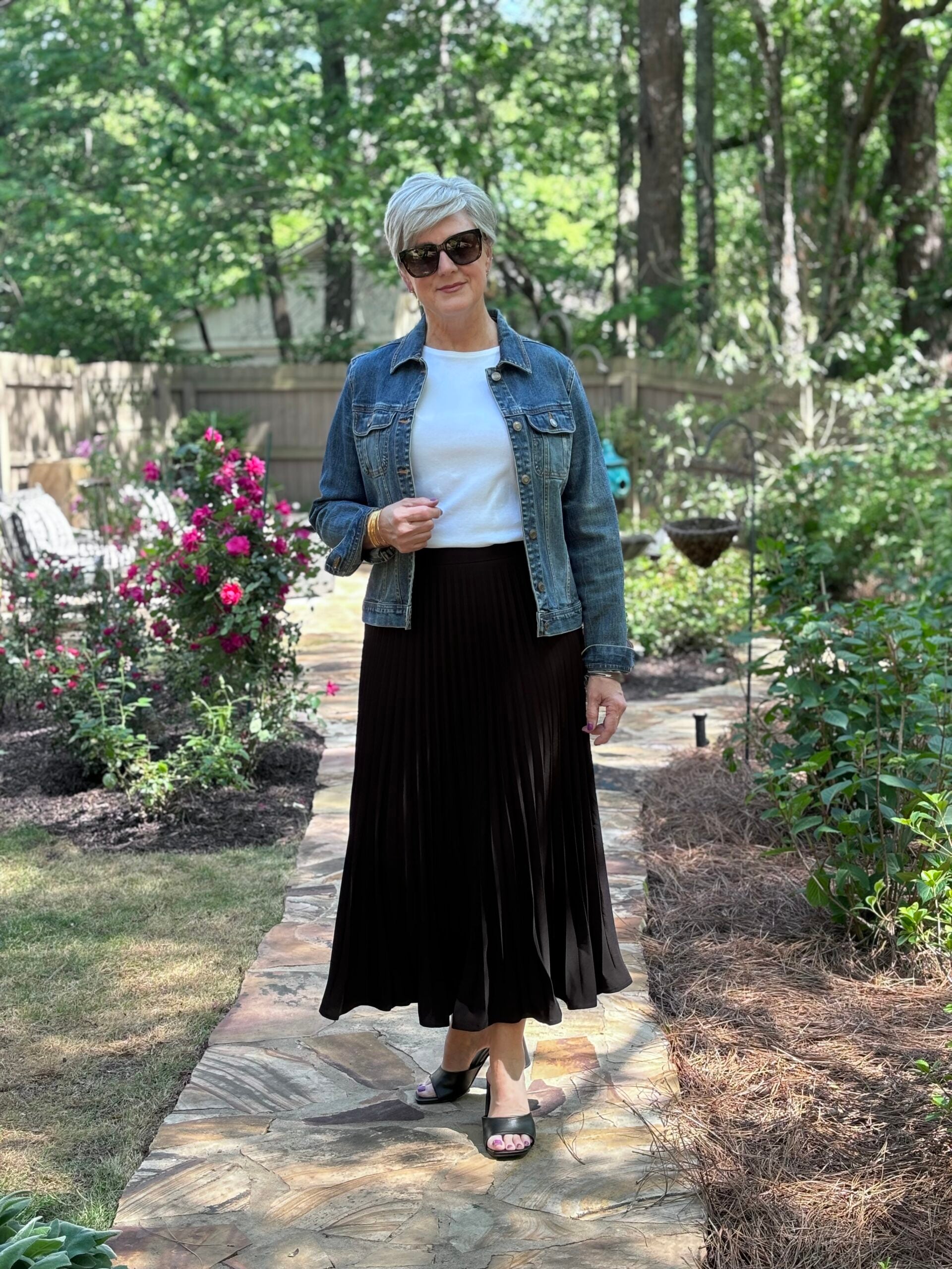 Black Pleated Maxi Skirt | Denim Jacket