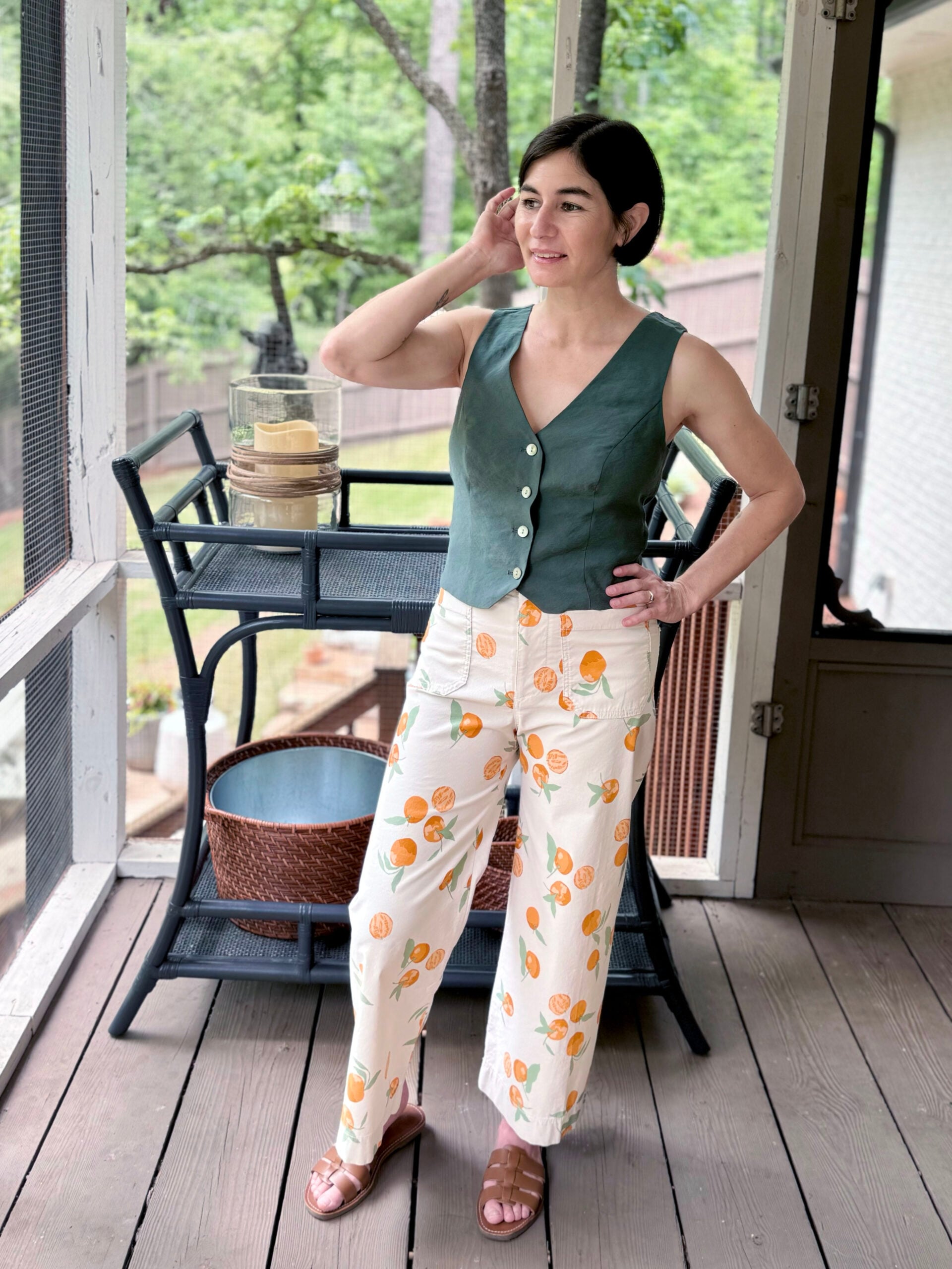 Spring Greens and orange trousers