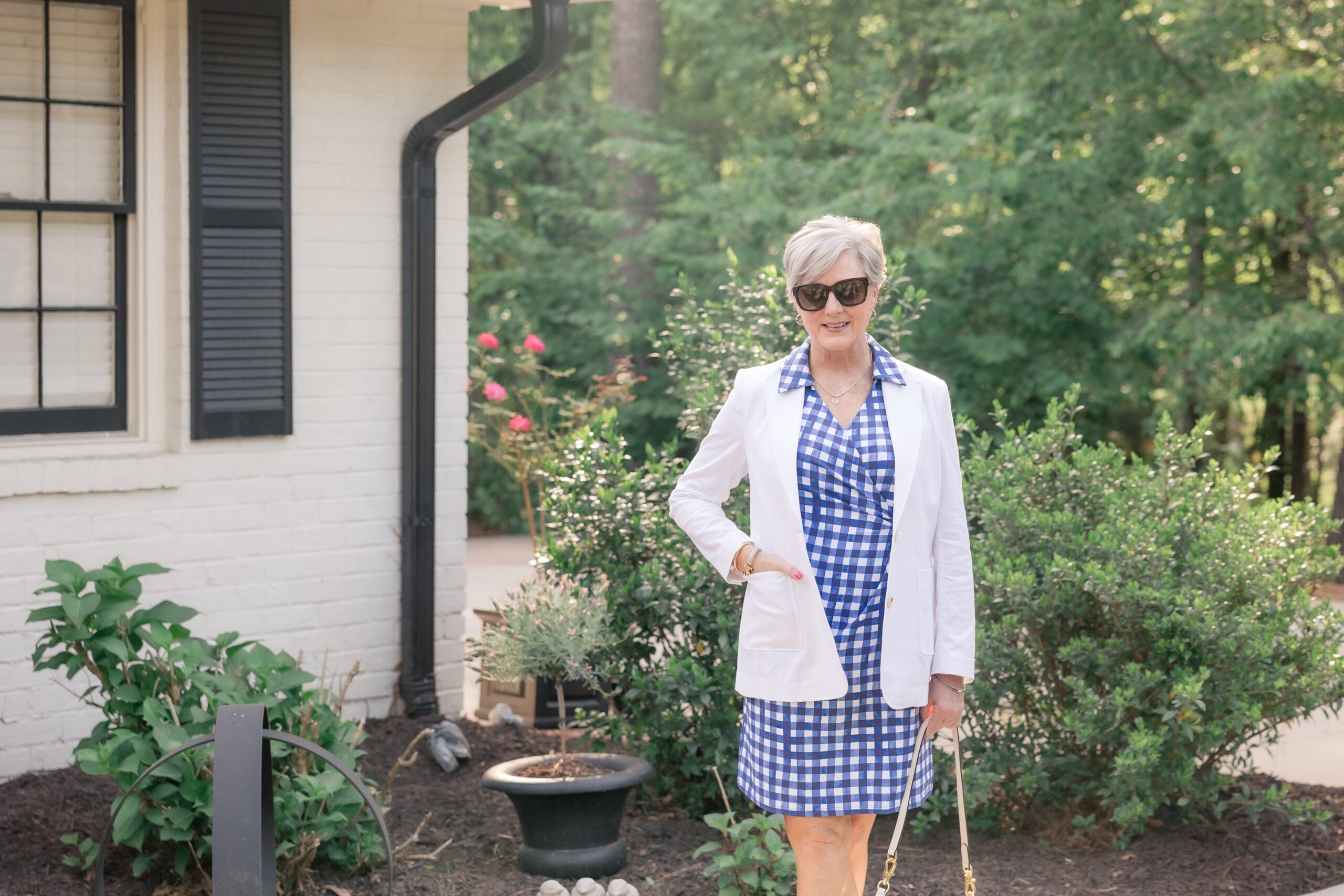 Gingham dress with white blazer