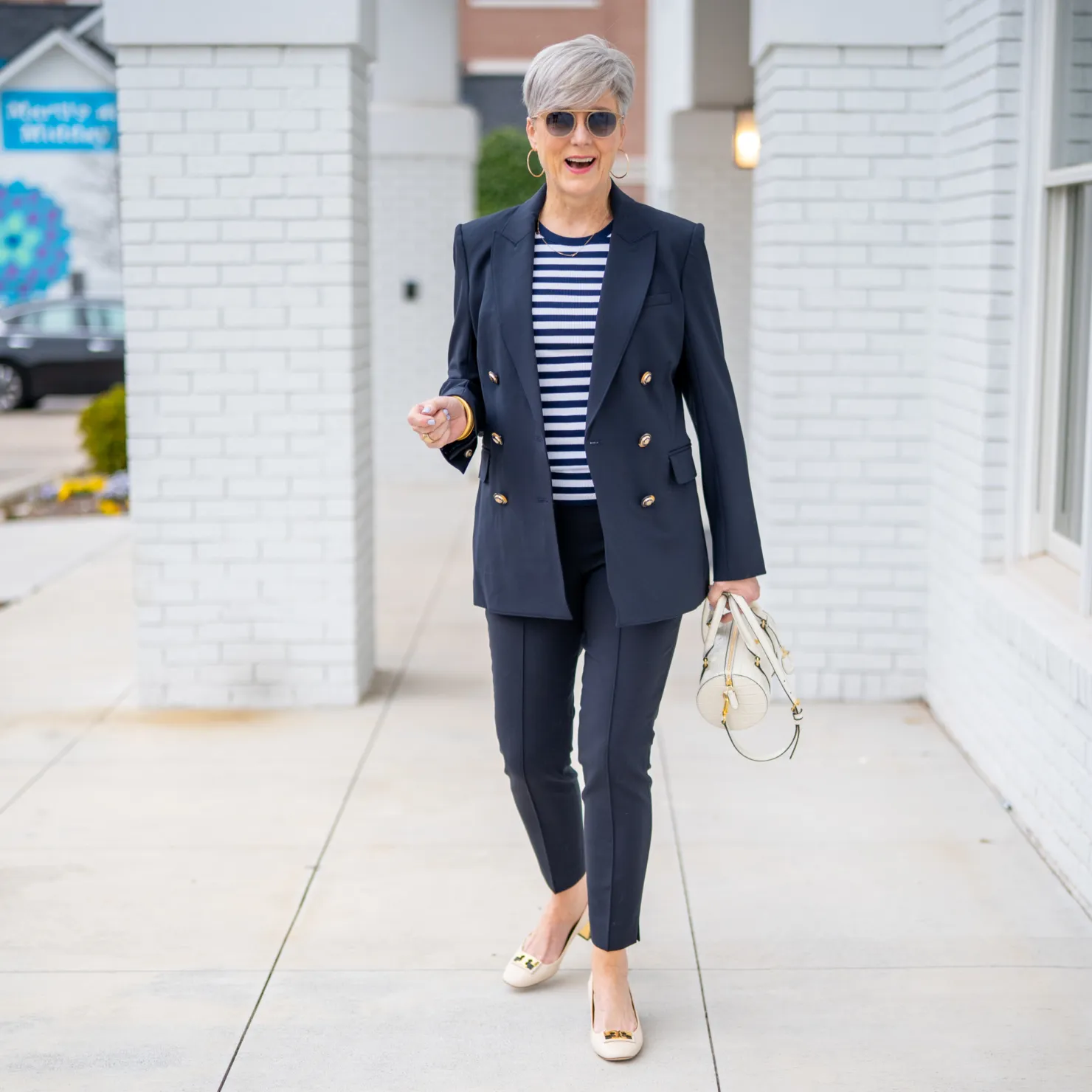 striped tee with blazer