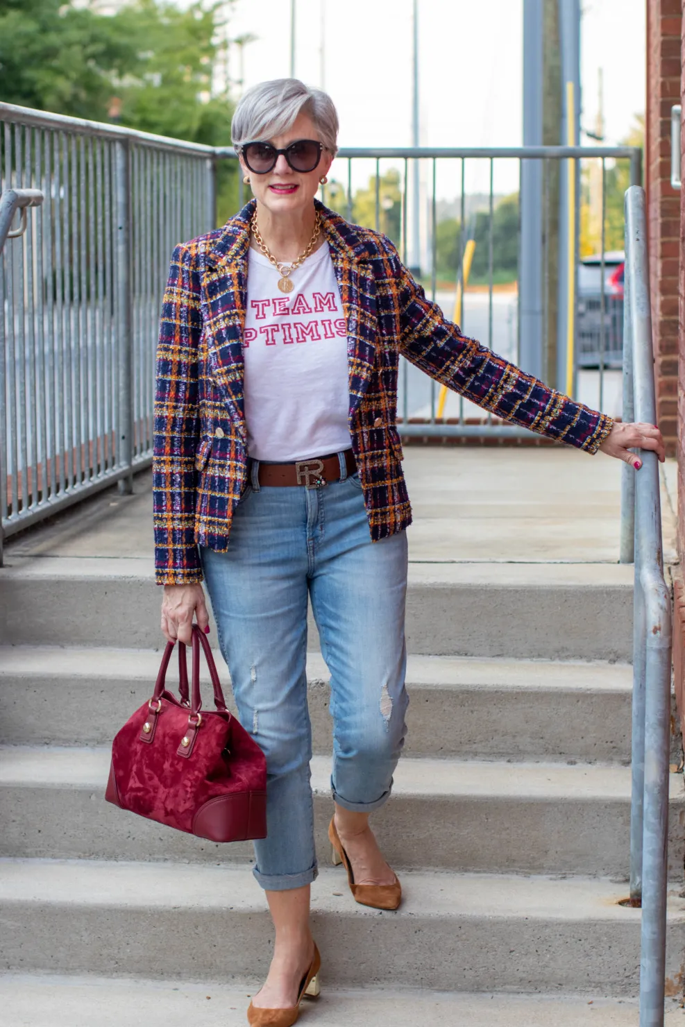 vibrant blazer and jeans