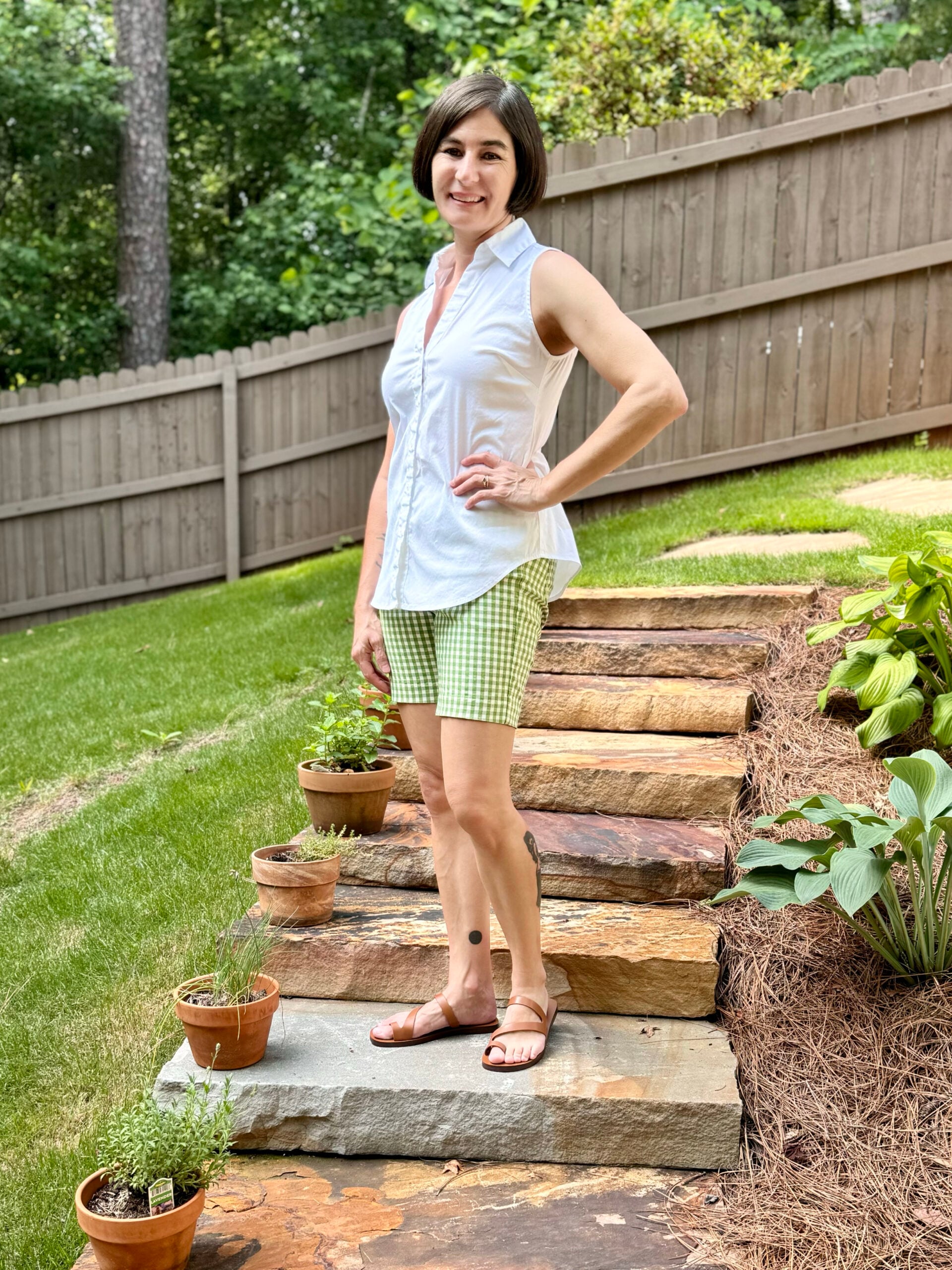 sleeveless shirt gingham shorts