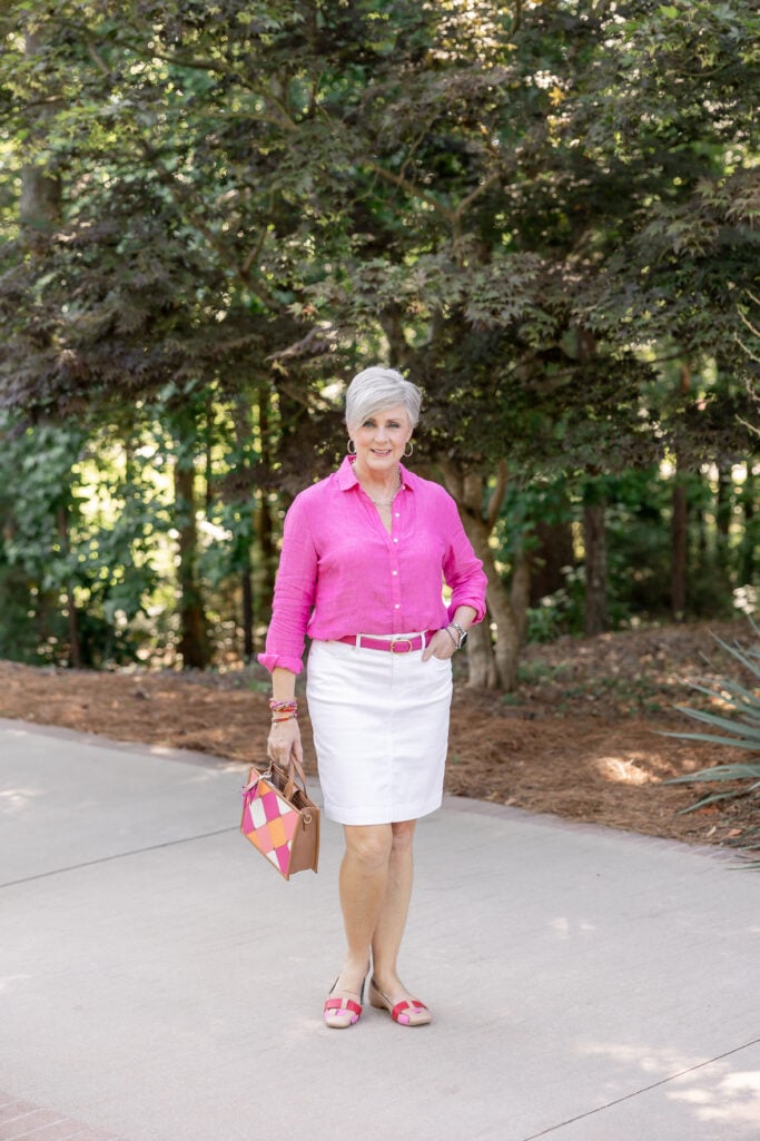 Linen button up styled for women over 50 in summer
