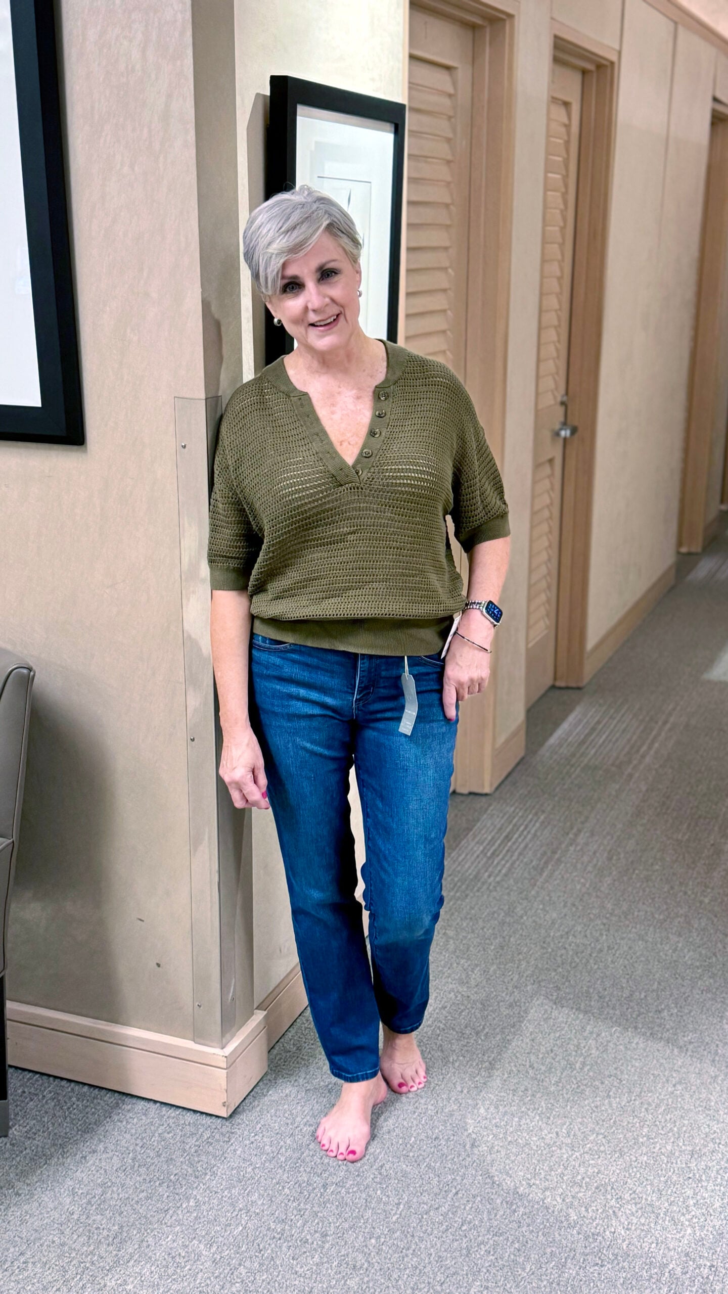 knit cotton sweater and jeans