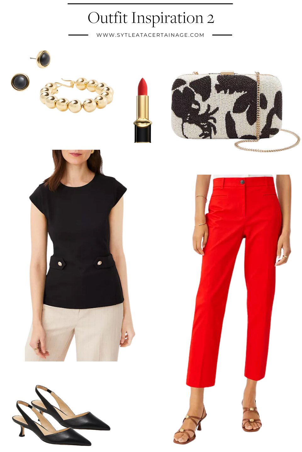 black top red pants outfit