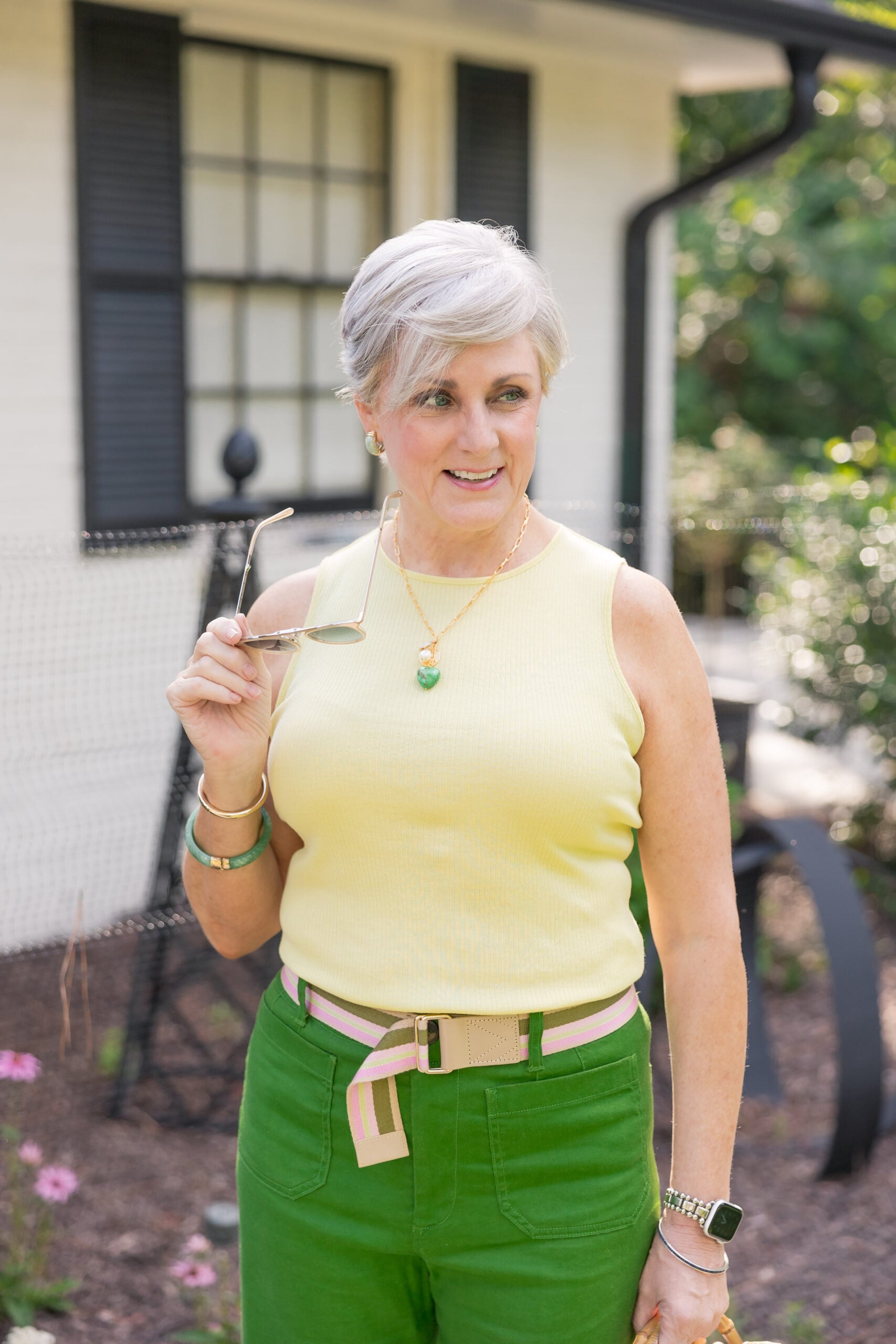 yellow top and green pants